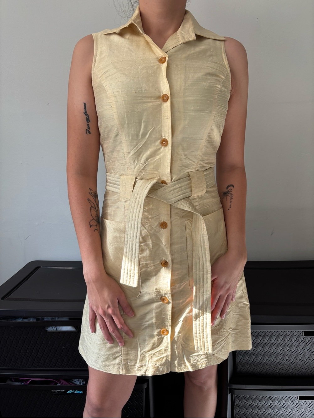 Vintage 80s Butter Yellow Preppy Silk Button Up Mini Utility Dress - XS - Small